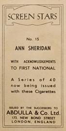 1939 Abdulla & Co. Screen Stars - Successors Clause #15 Ann Sheridan Back