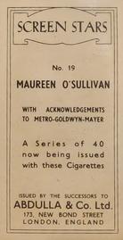 1939 Abdulla & Co. Screen Stars - Successors Clause #19 Maureen O'Sullivan Back