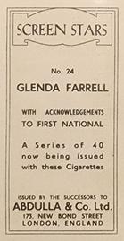1939 Abdulla & Co. Screen Stars - Successors Clause #24 Glenda Farrell Back