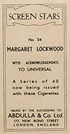 1939 Abdulla & Co. Screen Stars - Successors Clause #34. Margaret Lockwood Back