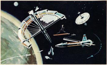 1962 Nestle's Australian Space Club Cards #98 Artist illustrates building of space station. Men and components are all weightless. Front