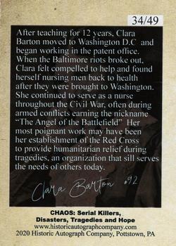 2020 Historic Autographs Chaos: Serial Killers, Disasters, Tragedies and Hope - SN49 #92 Clara Barton Back