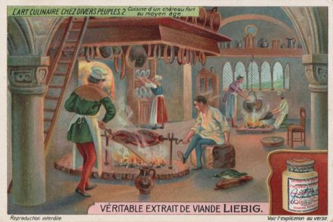 1912 Liebig L'Art culinaire chez divers peuples (The art of cooking in different ages) (French Text) (F1038, S1037) #2 Cuisine d'un chateau fort au moyen ege Front