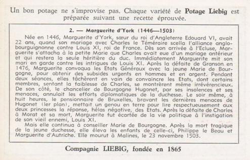 1951 Liebig Princesses étrangères en Belgique (Princesses visiting Belgium) (French Text) (F1527, S1518) #2 Marguerite d'York Back