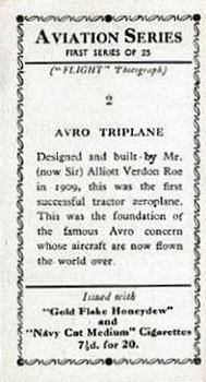 1934 R. & J. Hill Aviation Series (1st series) #2 Avro Triplane Back