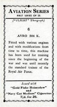 1934 R. & J. Hill Aviation Series (1st series) #6 Avro 504 K. Back