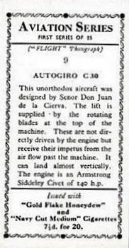 1934 R. & J. Hill Aviation Series (1st series) #9 Autogiro C 30 Back