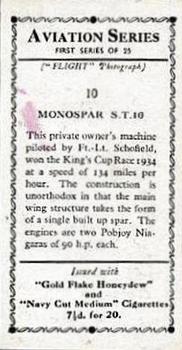 1934 R. & J. Hill Aviation Series (1st series) #10 Monospar S. T. 10 Back