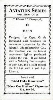 1934 R. & J. Hill Aviation Series (1st series) #13 D.H. 9 Back