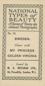 1925 Notaras National Types of Beauty #14 Sweden Back