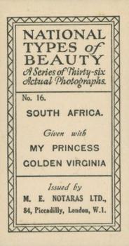 1925 Notaras National Types of Beauty #16 South Africa Back
