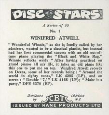 1959 Kane Products Disc Stars - Smaller Format #1 Winifred Atwell Back