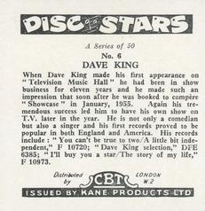 1959 Kane Products Disc Stars - Smaller Format #6 Dave King Back