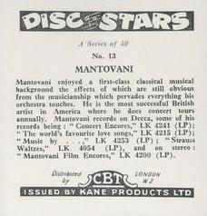 1959 Kane Products Disc Stars - Smaller Format # 13 Mantovani Back