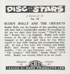 1959 Kane Products Disc Stars - Smaller Format #16 Buddy Holly and the Crickets Back