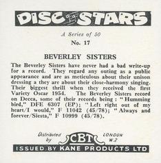 1959 Kane Products Disc Stars - Smaller Format #17 Beverley Sisters Back