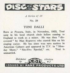 1959 Kane Products Disc Stars - Smaller Format # 29 Toni Dalli Back