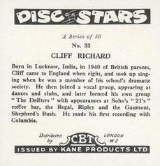 1959 Kane Products Disc Stars - Smaller Format #33 Cliff Richard Back