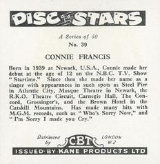 1959 Kane Products Disc Stars - Smaller Format #39 Connie Francis Back