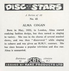 1959 Kane Products Disc Stars - Smaller Format #45 Alma Cogan Back