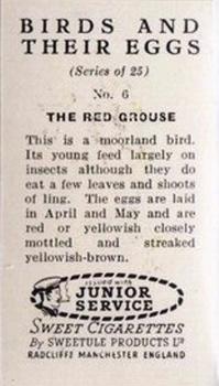 1956 Sweetule Junior Service Birds and Their Eggs #6 Red Grouse Back