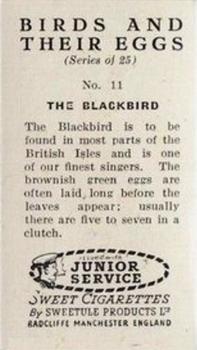 1956 Sweetule Junior Service Birds and Their Eggs #11 Blackbird Back