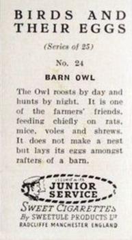 1956 Sweetule Junior Service Birds and Their Eggs #24 Barn Owl Back