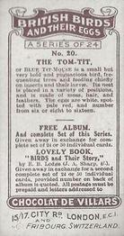 1926 Chocolat de Villars British Birds & Their Eggs #20 The Tom-Tit Back