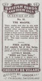 1926 Chocolat de Villars British Birds & Their Eggs #21 The Magpie Back