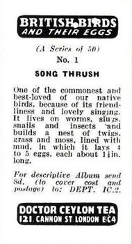 1960 Harden Doctor Ceylon Tea British Birds and Their Eggs #1 Song Thrush Back