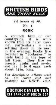 1960 Harden Doctor Ceylon Tea British Birds and Their Eggs #4 Rook Back