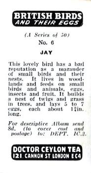 1960 Harden Doctor Ceylon Tea British Birds and Their Eggs #6 Jay Back