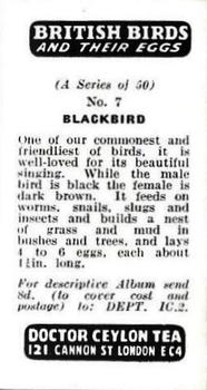 1960 Harden Doctor Ceylon Tea British Birds and Their Eggs #7 Blackbird Back