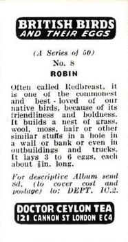 1960 Harden Doctor Ceylon Tea British Birds and Their Eggs #8 Robin Back
