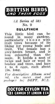 1960 Harden Doctor Ceylon Tea British Birds and Their Eggs #9 Bullfinch Back