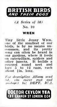 1960 Harden Doctor Ceylon Tea British Birds and Their Eggs #10 Wren Back
