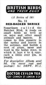 1960 Harden Doctor Ceylon Tea British Birds and Their Eggs #11 Red-Backed Strike Back