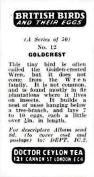 1960 Harden Doctor Ceylon Tea British Birds and Their Eggs #12 Goldcrest Back