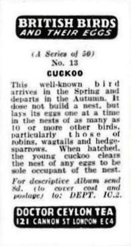 1960 Harden Doctor Ceylon Tea British Birds and Their Eggs #13 Cuckoo Back