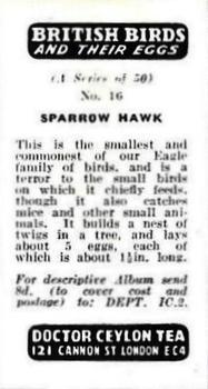 1960 Harden Doctor Ceylon Tea British Birds and Their Eggs #16 Sparrow Hawk Back
