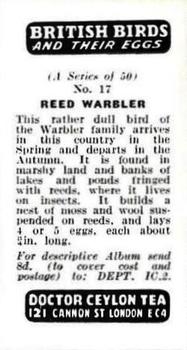 1960 Harden Doctor Ceylon Tea British Birds and Their Eggs #17 Reed Warbler Back
