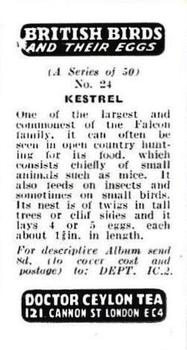 1960 Harden Doctor Ceylon Tea British Birds and Their Eggs #24 Kestrel Back