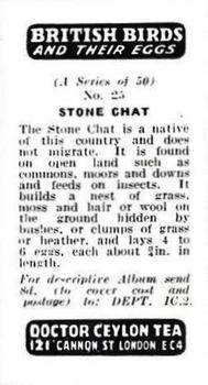 1960 Harden Doctor Ceylon Tea British Birds and Their Eggs #25 Stone Chat Back