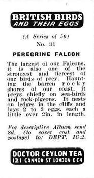 1960 Harden Doctor Ceylon Tea British Birds and Their Eggs #31 Peregrine Falcon Back
