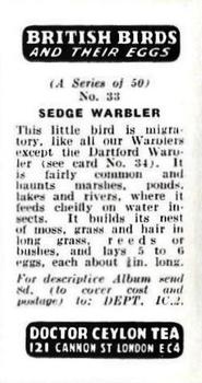 1960 Harden Doctor Ceylon Tea British Birds and Their Eggs #33 Sedge Warbler Back