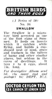1960 Harden Doctor Ceylon Tea British Birds and Their Eggs #36 Swallow Back