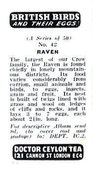 1960 Harden Doctor Ceylon Tea British Birds and Their Eggs #42 Raven Back