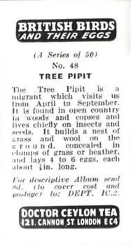 1960 Harden Doctor Ceylon Tea British Birds and Their Eggs #48 Tree Pipit Back