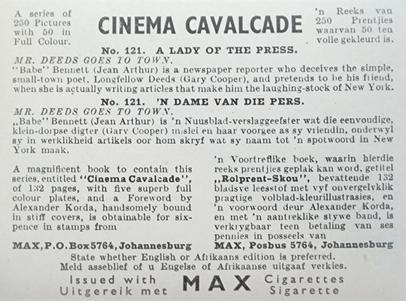 1940 Wix Cinema Cavalcade (1st Series) #121 A Lady of the Press (Mr. Deeds Goes to Town) Back