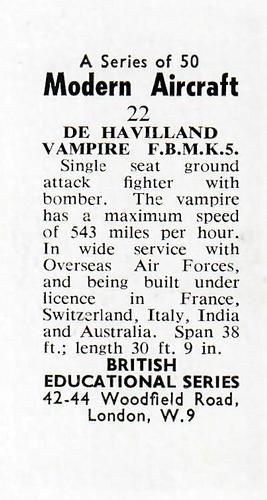 1953 British Educational Series Modern Aircraft #22 de Havilland Vampire F.B.M.K.5 Back